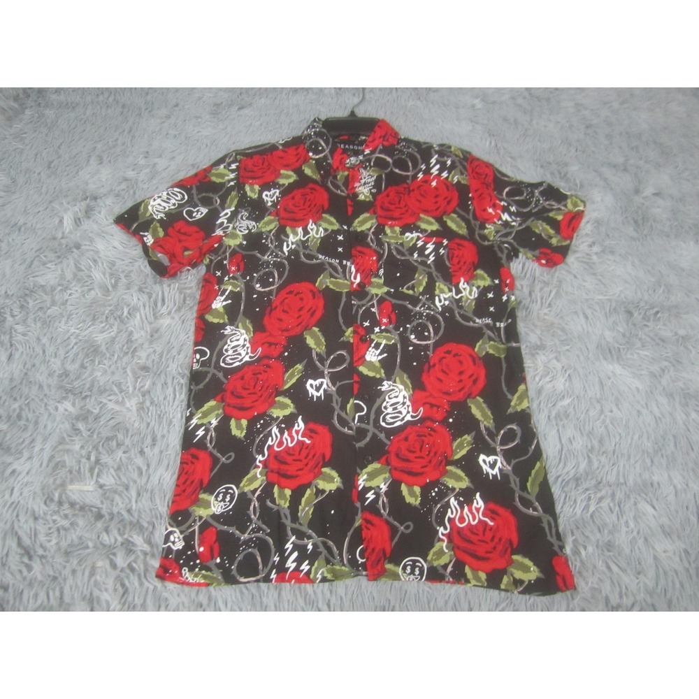 Reason Shirt Mens Small Black Red Rose Floral Short Sleeve Button Up Viscose